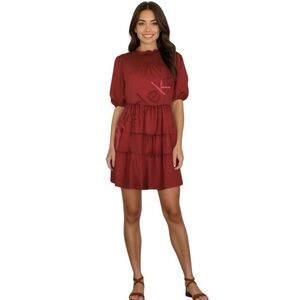 Emma & Michele tiered ruffle mini dress in red wine size M